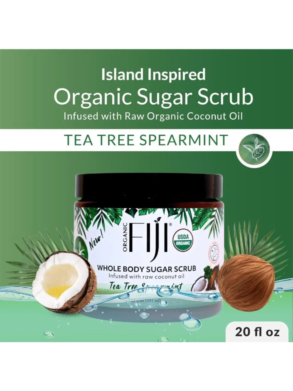 Organic Coconut Oil Sugar Scrub for Face & Body - Tea Tree Spearmint, 20oz